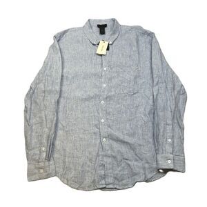 Magaschoni Linen‎ Shirt Mens Large Navy White Stripe Long Sleeve Button Up